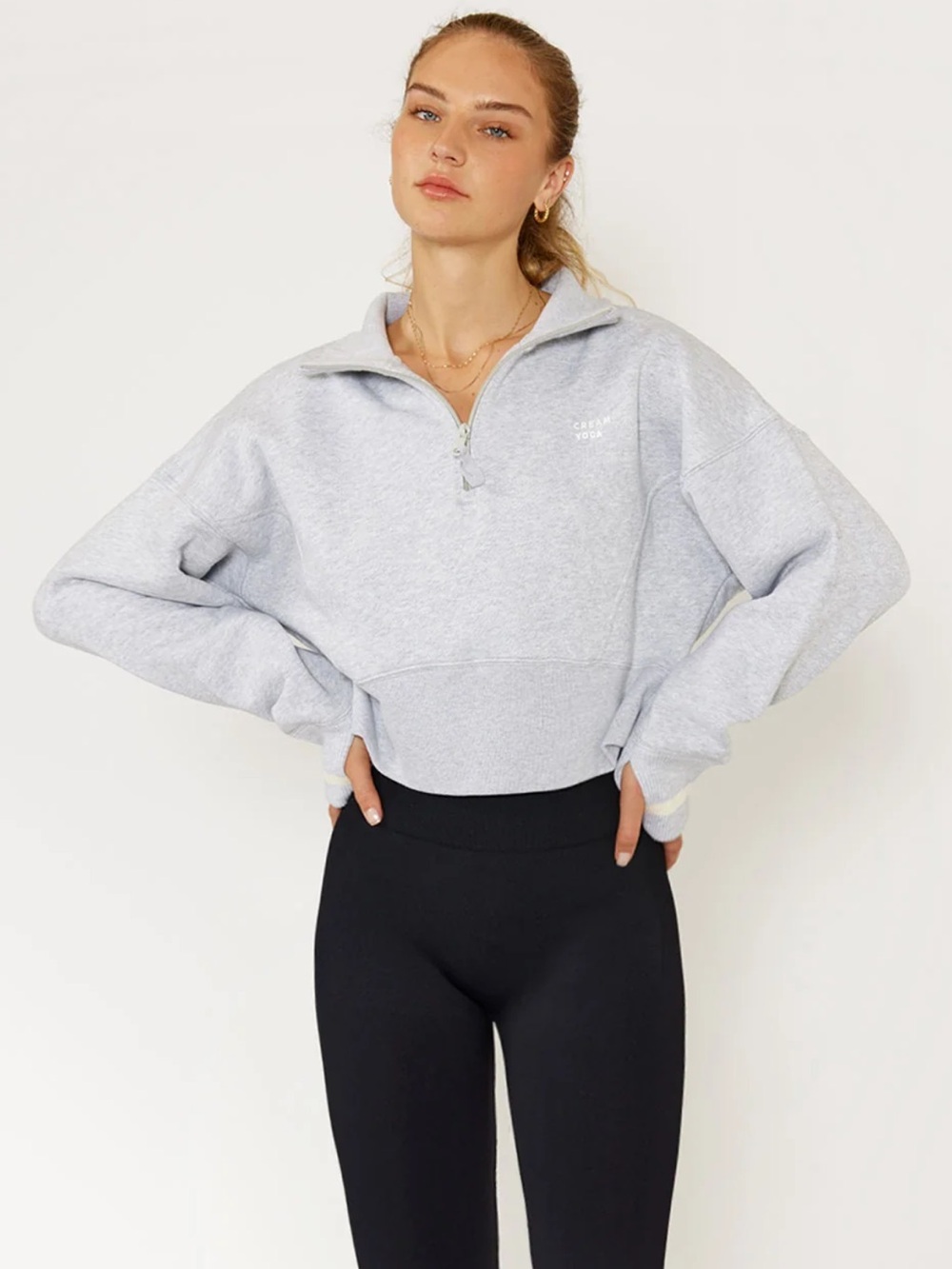 Cream Yoga Lunar Half Zip Cropped Sweatshirt Heather Gray Cotton Size M Relaxed